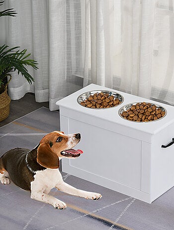 Porte-gamelles surélevé 2 gamelles avec coffre blanc