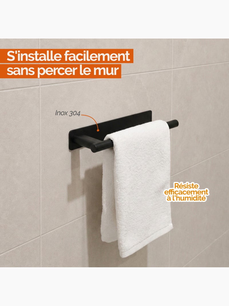 Porte serviette adhésif mural salle de bain ou cuisine 1 barre, sans perçage - vivezen Noir - Kiabi
