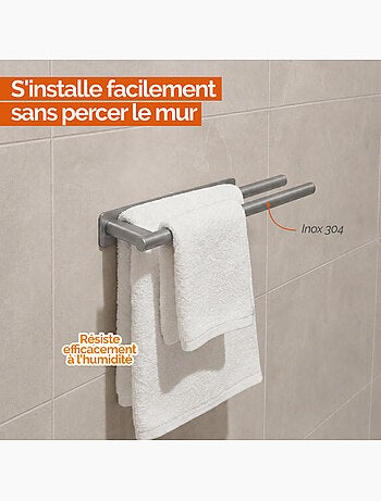 Porte serviette adhésif mural salle de bain ou cuisine 2 barres, sans perçage - vivezen