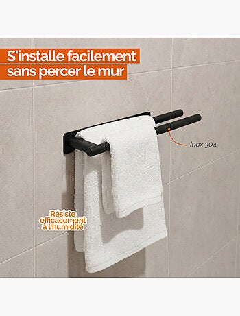 Porte serviette adhésif mural salle de bain ou cuisine 2 barres, sans perçage - Vivezen