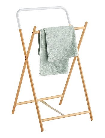 Porte-serviettes en bambou et métal - 2 barres de penderie - Naturel, blanc - 84x45x36cm - Kiabi