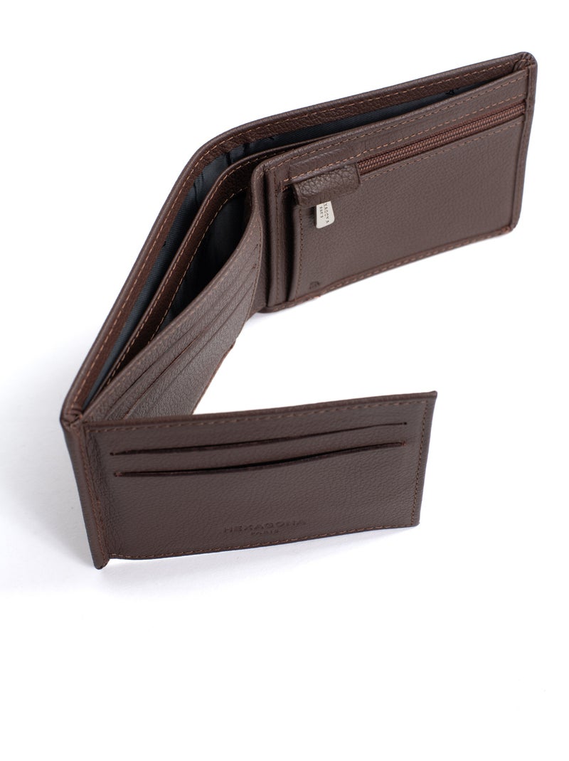 Portefeuille italien  2 volets  Stop RFID  Cuir de vachette CONFORT Marron chocolat - Kiabi