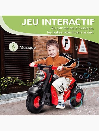 Porteur enfant moto 3 roues effet bulles et musique rouge noir