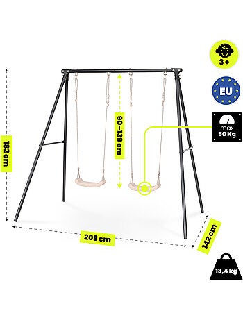 Portique Balançoire Double Jardin HyperMotion - Acier 3-12 Ans - 2 Sièges 100kg