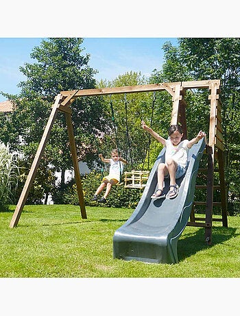 Portique en bois carré 2 agrès avec balançoire bébé et toboggan PRUNE