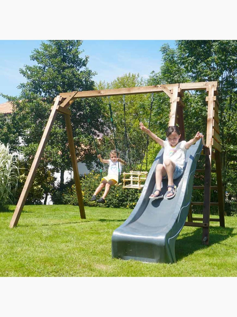 Portique en bois carré 2 agrès avec balançoire bébé et toboggan PRUNE Marron - Kiabi