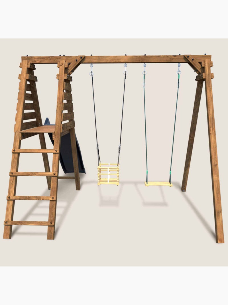 Portique en bois carré 2 agrès avec balançoire bébé et toboggan PRUNE Marron - Kiabi