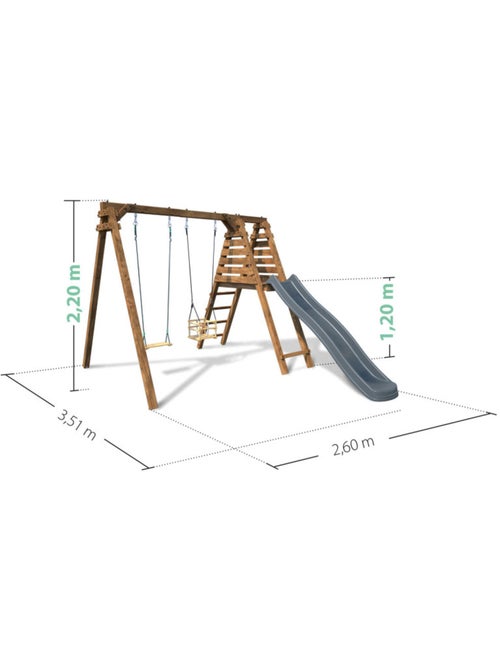 Portique en bois carré 2 agrès avec balançoire bébé et toboggan PRUNE - Kiabi