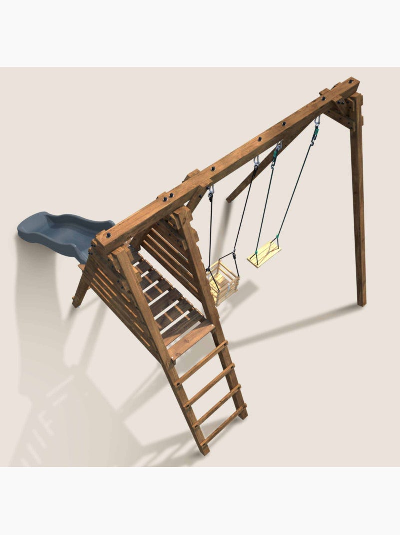 Portique en bois carré 2 agrès avec balançoire bébé et toboggan PRUNE Marron - Kiabi