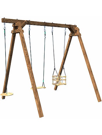 Portique en bois carré 3 agrès avec balançoire bébé et corde disque ULYSSE
