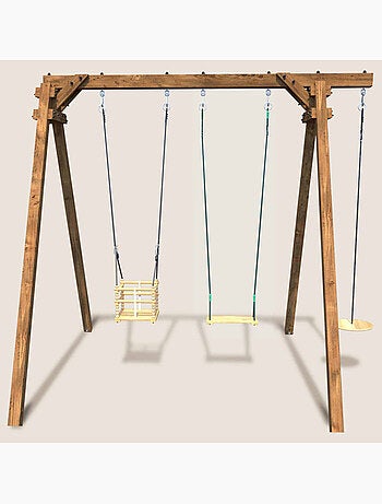 Portique en bois carré 3 agrès avec balançoire bébé et corde disque ULYSSE