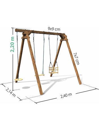 Portique en bois carré 3 agrès avec balançoire bébé et corde disque ULYSSE