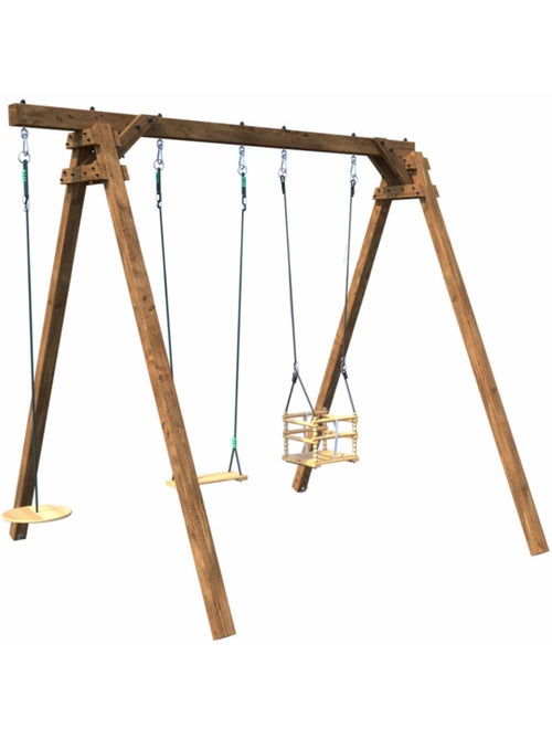 Portique en bois carré 3 agrès avec balançoire bébé et corde disque ULYSSE - Kiabi