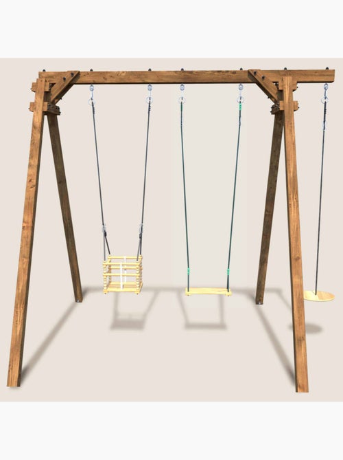 Portique en bois carré 3 agrès avec balançoire bébé et corde disque ULYSSE - Kiabi