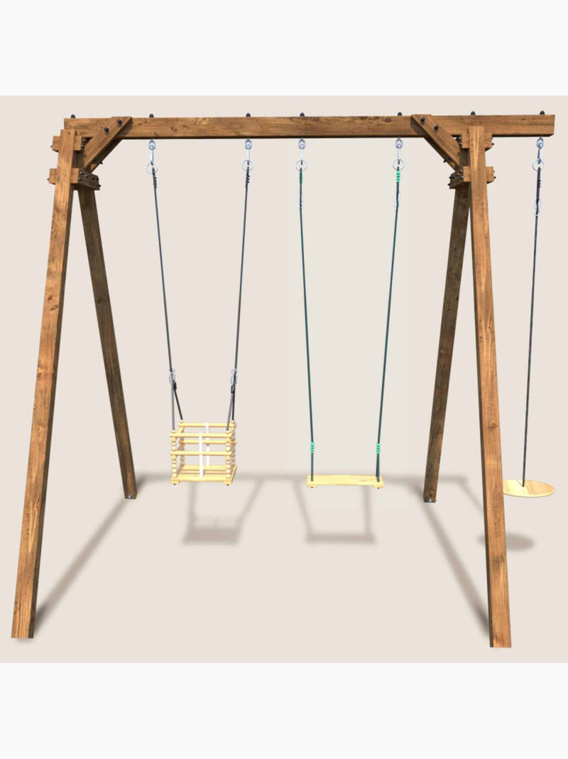 Portique en bois carré 3 agrès avec balançoire bébé et corde disque ULYSSE Marron - Kiabi