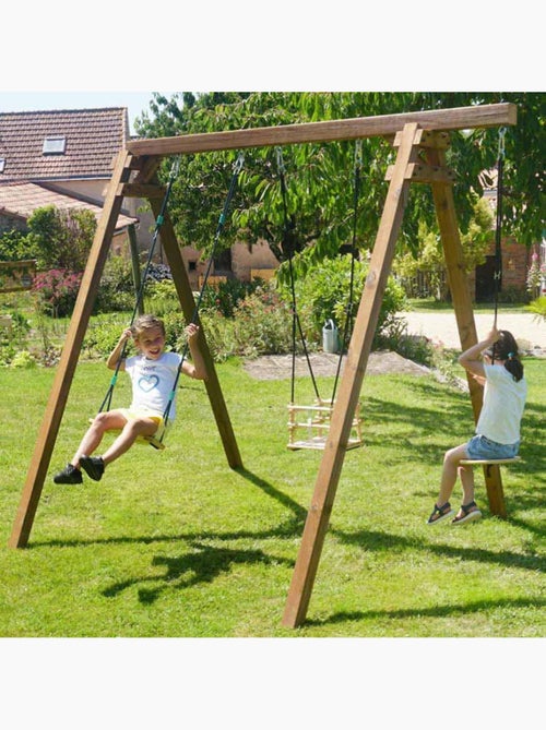Portique en bois carré 3 agrès avec balançoire bébé et corde disque ULYSSE - Kiabi