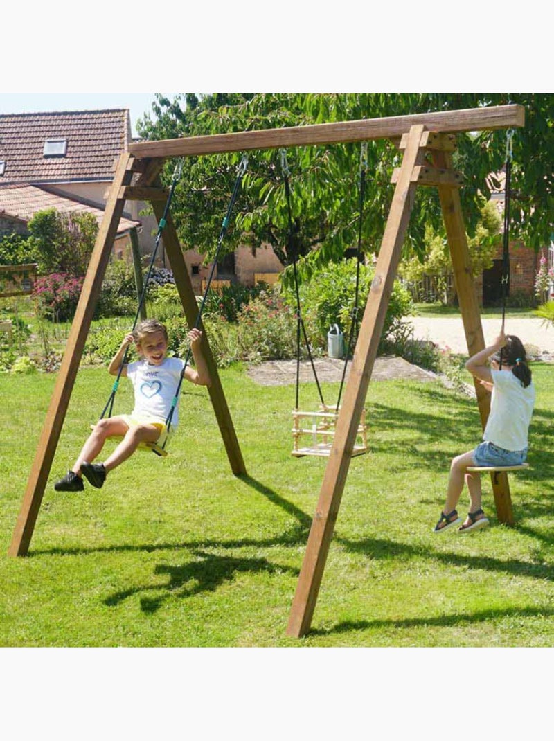 Portique en bois carré 3 agrès avec balançoire bébé et corde disque ULYSSE Marron - Kiabi