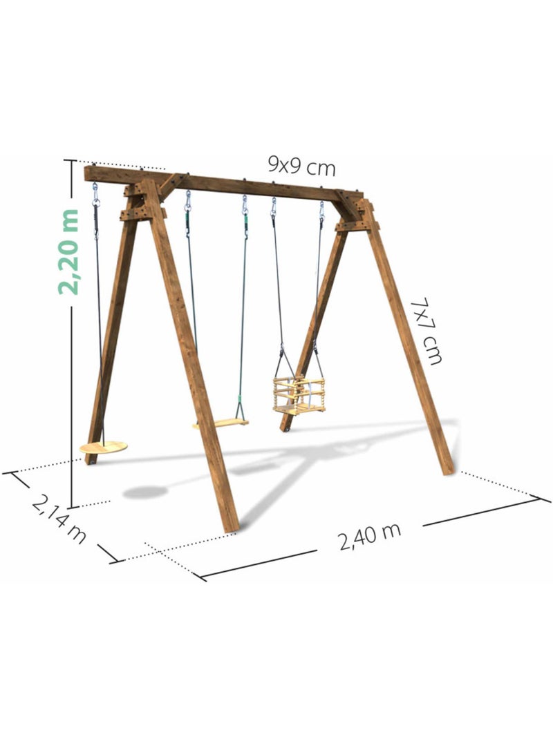 Portique en bois carré 3 agrès avec balançoire bébé et corde disque ULYSSE Marron - Kiabi