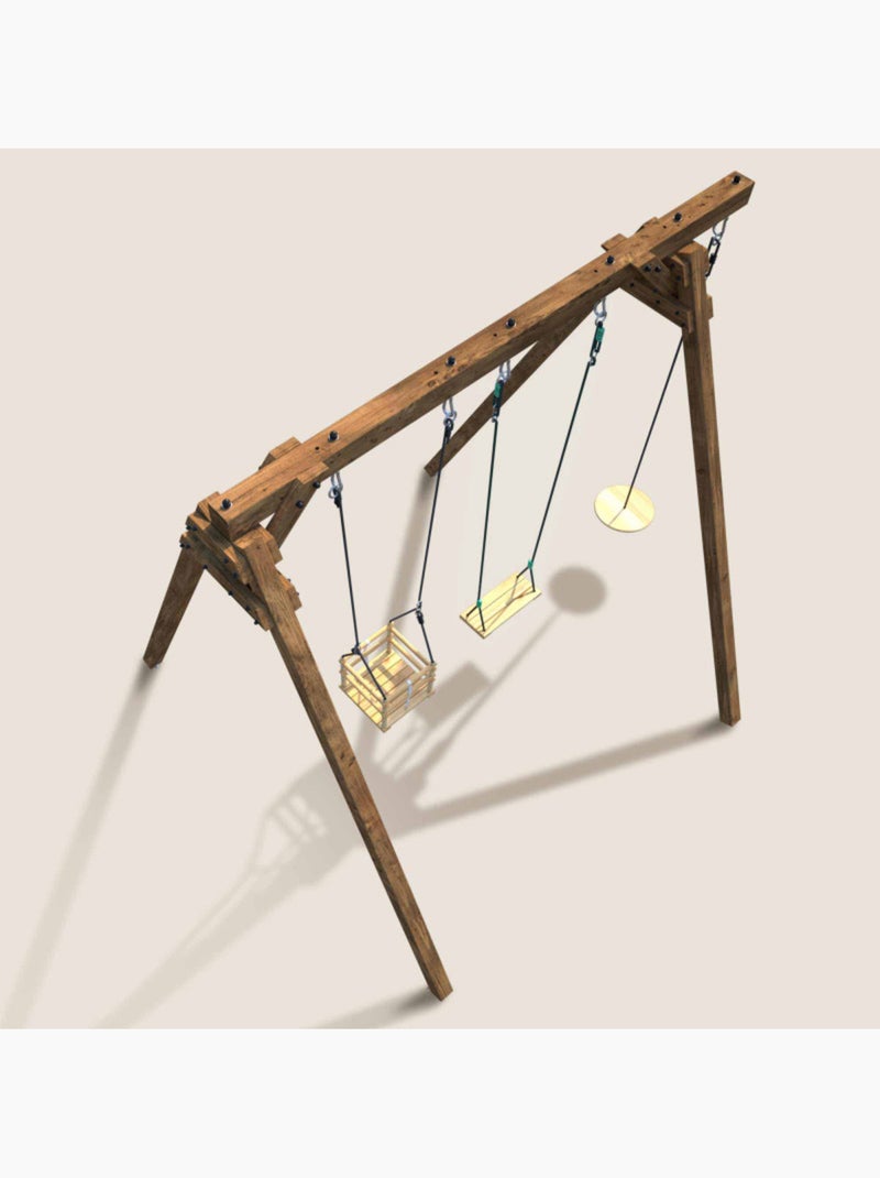 Portique en bois carré 3 agrès avec balançoire bébé et corde disque ULYSSE Marron - Kiabi