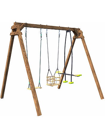 Portique en bois carré 3 agrès avec balançoire bébé et face à face PIERRE