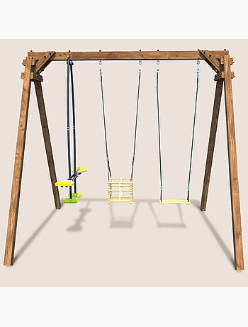 Portique en bois carré 3 agrès avec balançoire bébé et face à face PIERRE