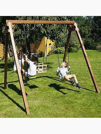 Portique en bois carré 3 agrès avec balançoire bébé et face à face PIERRE
