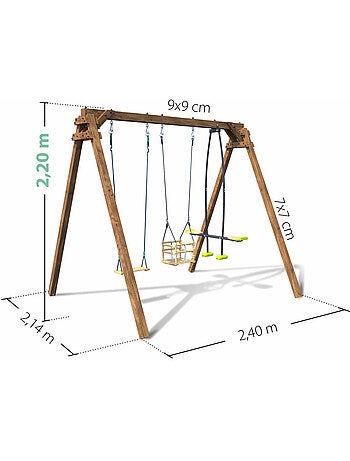 Portique en bois carré 3 agrès avec balançoire bébé et face à face PIERRE