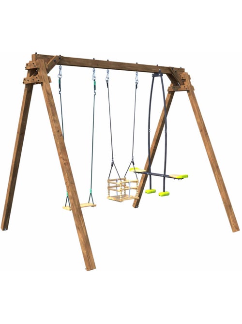 Portique en bois carré 3 agrès avec balançoire bébé et face à face PIERRE - Kiabi