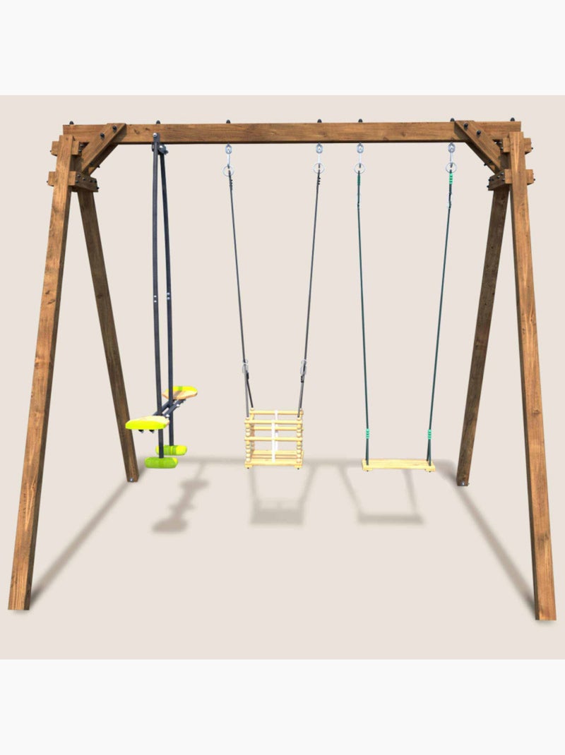Portique en bois carré 3 agrès avec balançoire bébé et face à face PIERRE Marron - Kiabi