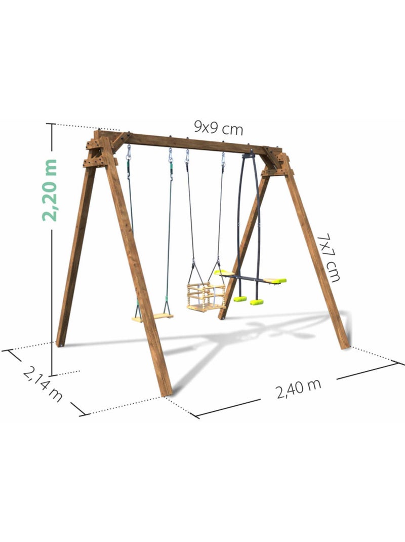 Portique en bois carré 3 agrès avec balançoire bébé et face à face PIERRE Marron - Kiabi