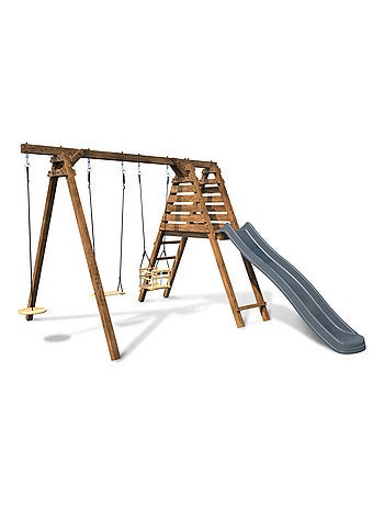Portique en bois carré 3 agrès balançoire bébé, corde disque et toboggan FLEUR