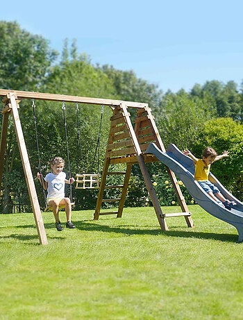 Portique en bois carré 3 agrès balançoire bébé, corde disque et toboggan FLEUR