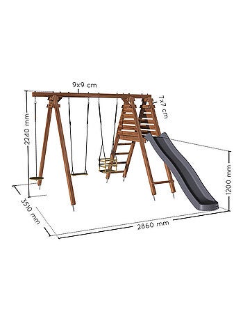 Portique en bois carré 3 agrès balançoire bébé, corde disque et toboggan FLEUR