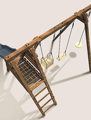 Portique en bois carré 3 agrès balançoire bébé, corde disque et toboggan FLEUR