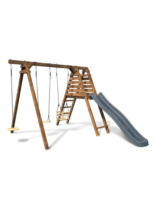 Portique en bois carré 3 agrès balançoire bébé, corde disque et toboggan FLEUR - Kiabi