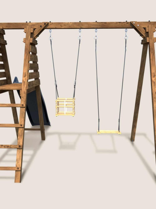 Portique en bois carré 3 agrès balançoire bébé, corde disque et toboggan FLEUR - Kiabi