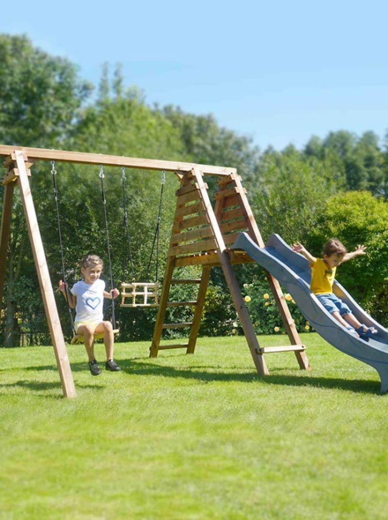 Portique en bois carré 3 agrès balançoire bébé, corde disque et toboggan FLEUR Marron - Kiabi