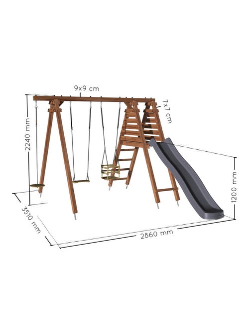 Portique en bois carré 3 agrès balançoire bébé, corde disque et toboggan FLEUR - Kiabi