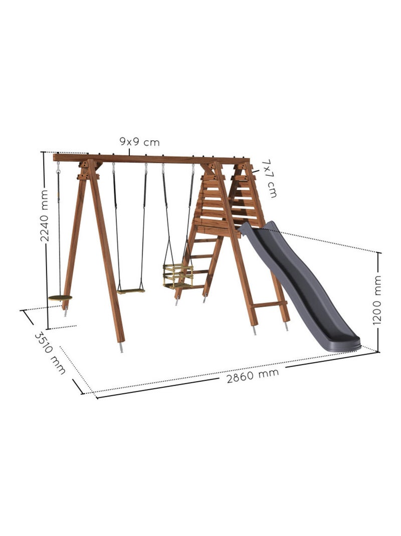 Portique en bois carré 3 agrès balançoire bébé, corde disque et toboggan FLEUR Marron - Kiabi
