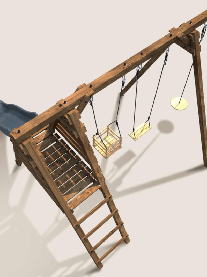 Portique en bois carré 3 agrès balançoire bébé, corde disque et toboggan FLEUR Marron - Kiabi