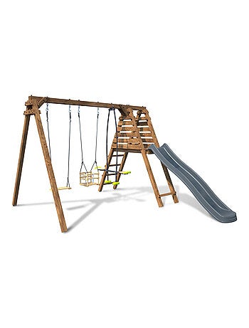 Portique en bois carré 3 agrès balançoire bébé, face à face et toboggan TREFLE