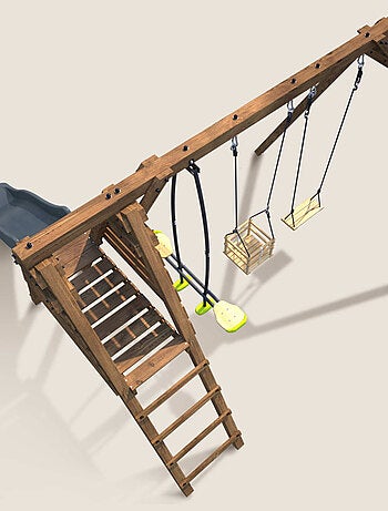 Portique en bois carré 3 agrès balançoire bébé, face à face et toboggan TREFLE