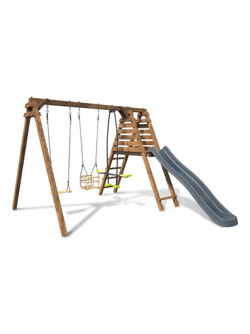 Portique en bois carré 3 agrès balançoire bébé, face à face et toboggan TREFLE - Kiabi