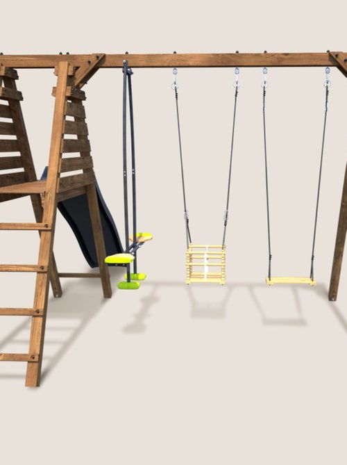 Portique en bois carré 3 agrès balançoire bébé, face à face et toboggan TREFLE - Kiabi