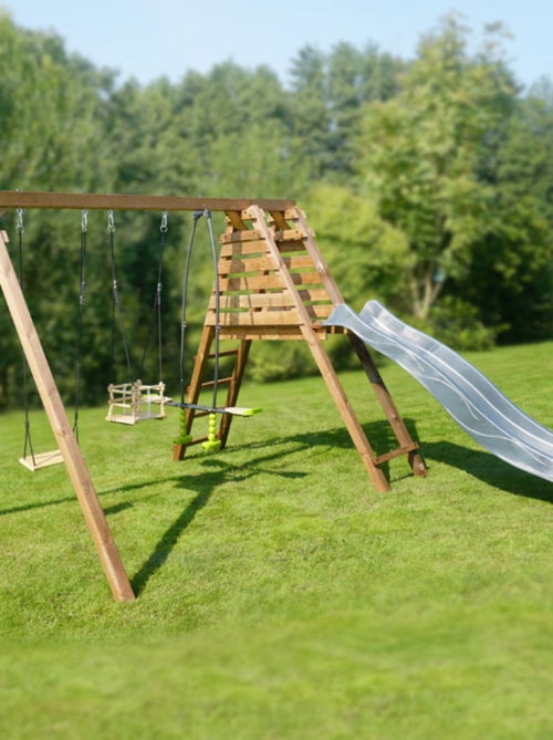 Portique en bois carré 3 agrès balançoire bébé, face à face et toboggan TREFLE - Kiabi