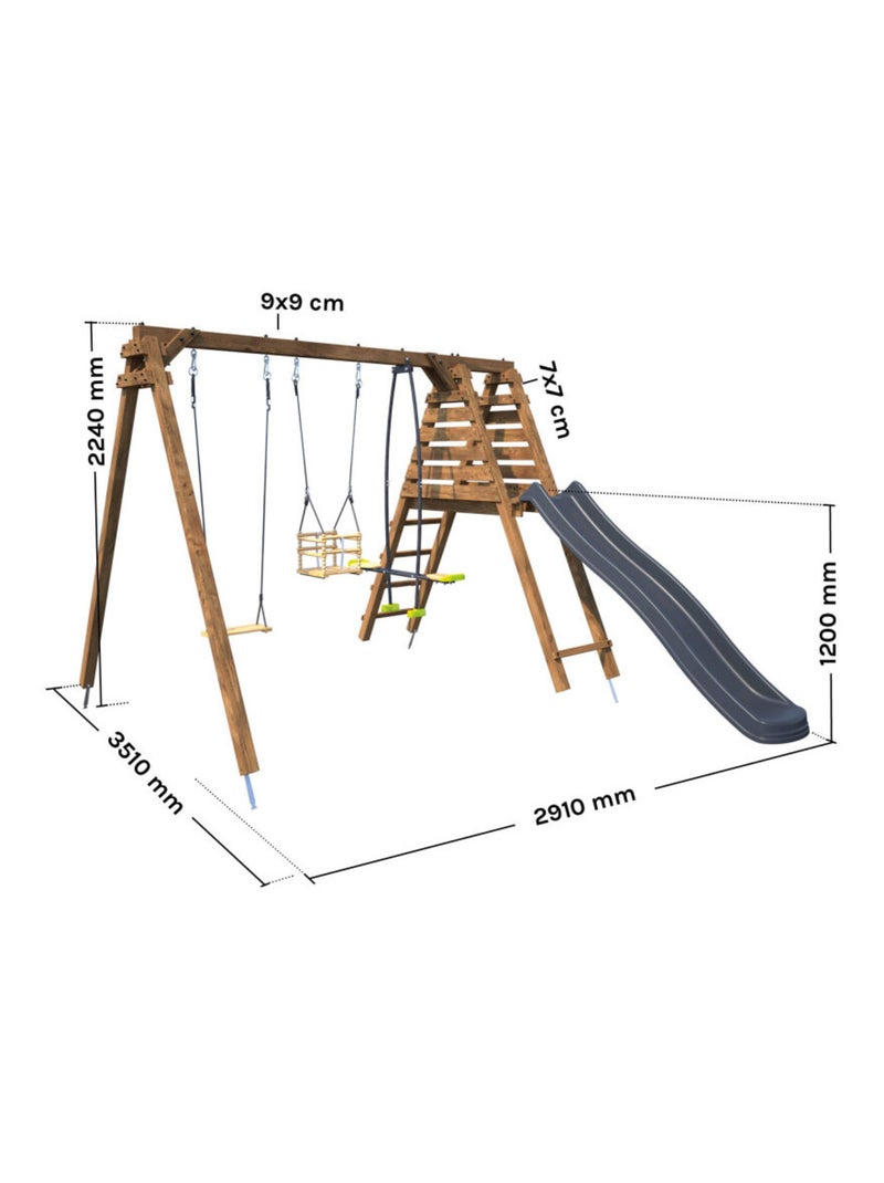Portique en bois carré 3 agrès balançoire bébé, face à face et toboggan TREFLE Marron - Kiabi
