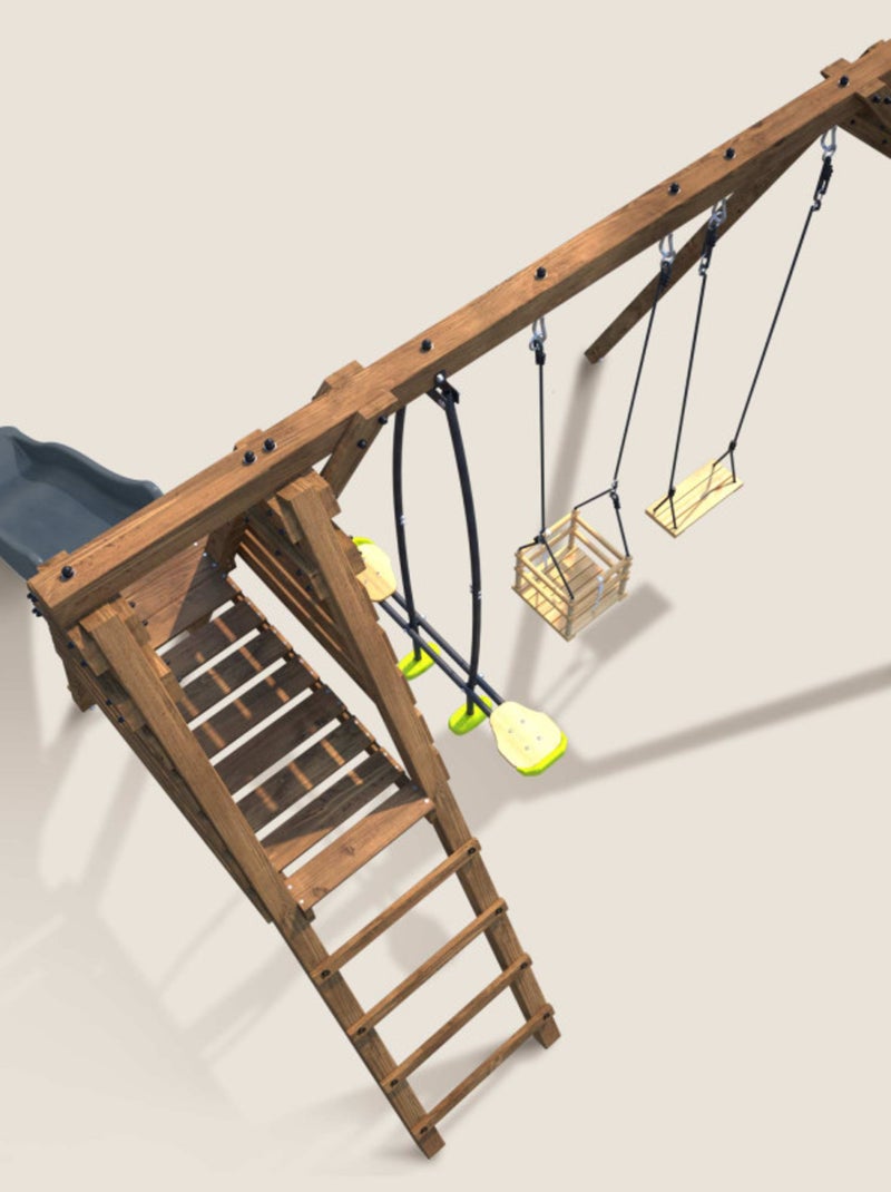 Portique en bois carré 3 agrès balançoire bébé, face à face et toboggan TREFLE Marron - Kiabi