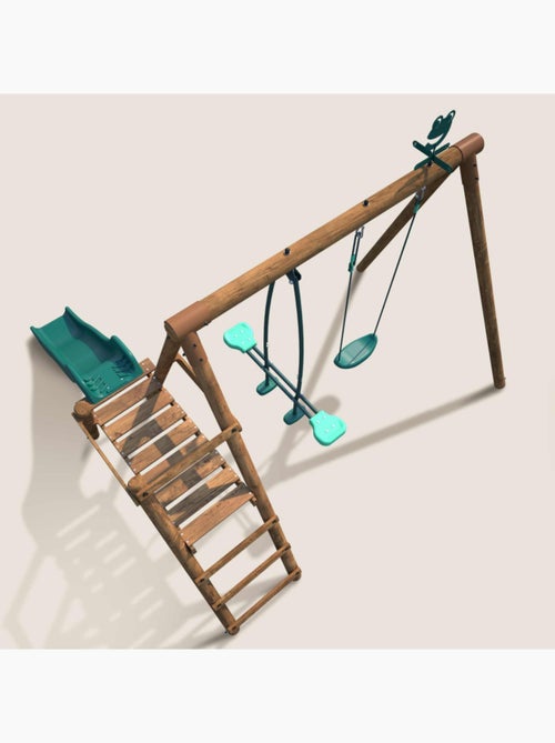 Portique en bois rond 2 agrès avec balançoire et face à face MENTHE - Kiabi