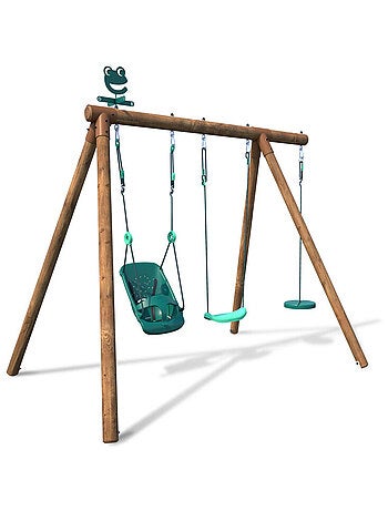 Portique en bois rond 3 agrès avec balançoire bébé et corde disque TIAGO