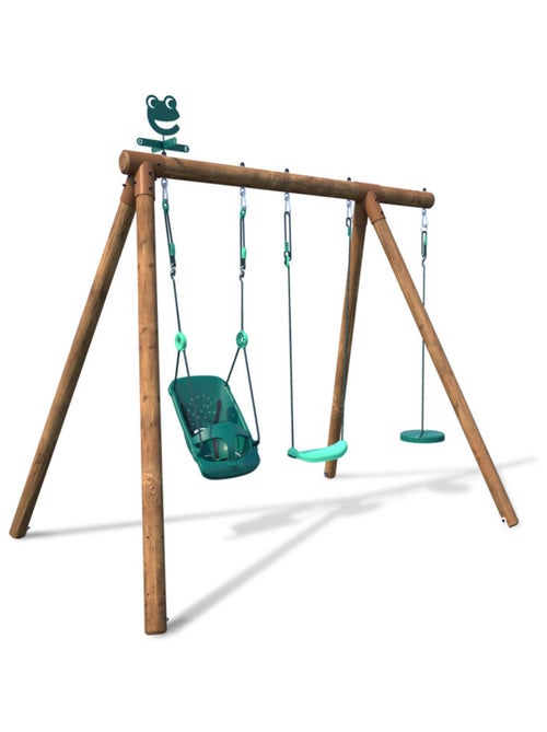Portique en bois rond 3 agrès avec balançoire bébé et corde disque TIAGO - Kiabi